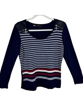 Orly Multicolor Long Sleeve Round Neck Tight Knit Pleather Zipper Sweater Sz M